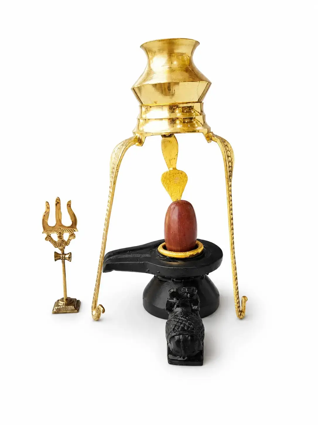 Premium 2 Inch Original Narmadeshwar Shivling with 4 Inch Jaladhari, Brass Abhishek Stand, Nandi & Trishul | Complete Handcrafted Puja Set