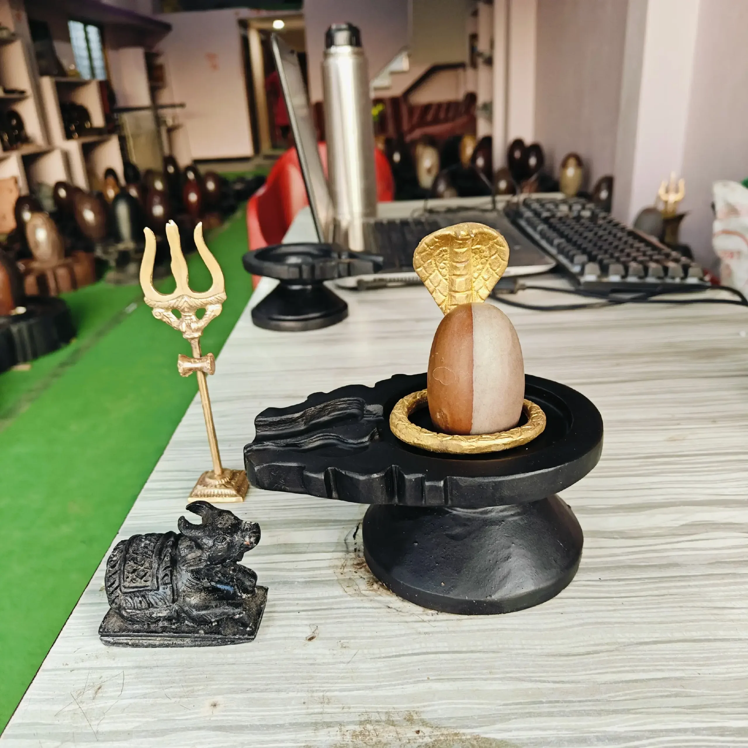 Premium 3 Inch Original Narmadeshwar Shivling with 6 Inch Jaladhari, Nandi & Trishul | Handcrafted Sacred Shivling Set for Home Temple