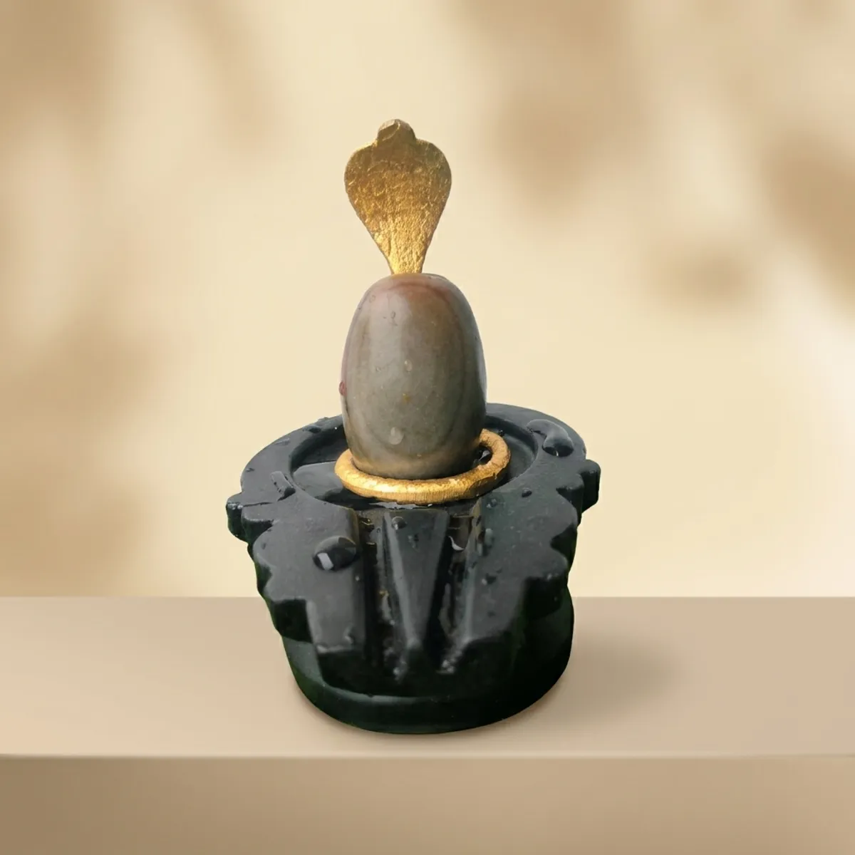 Grey Narmadeshwar Shivling with Brass Nag & Designer Black Jaladhari