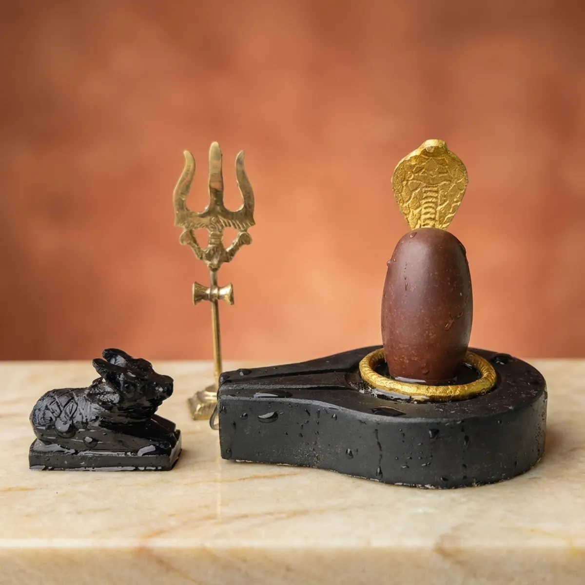 Complete Narmadeshwar Shivling Set with Brass Nag, Nandi & Trishul